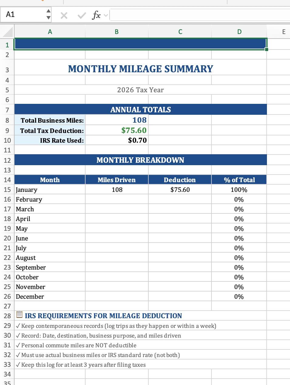 Mileage Tracker Excel | IRS Mileage Log | Business Miles Tax Deduction | Google Sheets | Instant Download