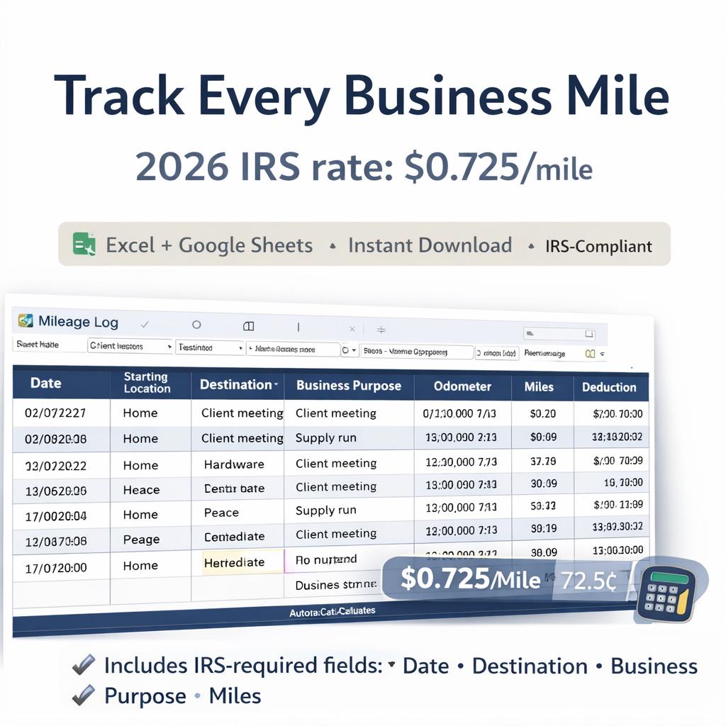 Mileage Tracker Excel | IRS Mileage Log | Business Miles Tax Deduction | Google Sheets | Instant Download