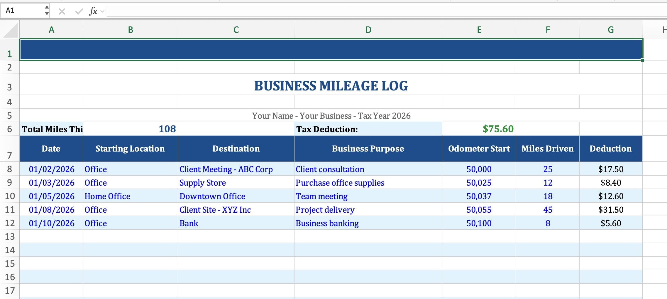 Mileage Tracker Excel | IRS Mileage Log | Business Miles Tax Deduction | Google Sheets | Instant Download